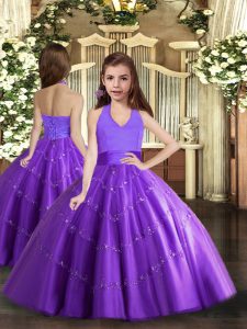 Nice Sleeveless Floor Length Beading Lace Up Little Girl Pageant Gowns with Purple