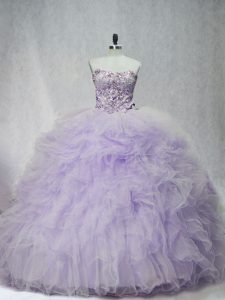 Brush Train Ball Gowns 15th Birthday Dress Lavender Sweetheart Tulle Sleeveless Lace Up