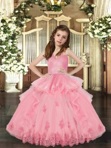 Beautiful Straps Sleeveless Little Girls Pageant Dress Floor Length Lace and Appliques Baby Pink Tulle