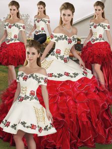 Elegant White And Red Sleeveless Organza Lace Up Quince Ball Gowns for Military Ball and Sweet 16 and Quinceanera