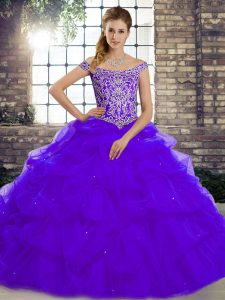 Purple Ball Gowns Off The Shoulder Sleeveless Tulle Brush Train Lace Up Beading and Pick Ups Military Ball Gowns