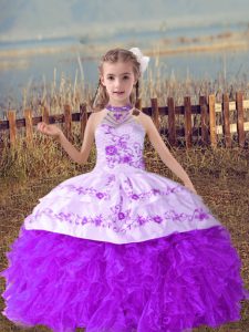 Sleeveless Organza Floor Length Lace Up Child Pageant Dress in Lavender with Beading and Embroidery and Ruffles