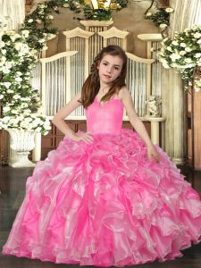 Floor Length Rose Pink Pageant Dress Wholesale Organza Sleeveless Ruffles