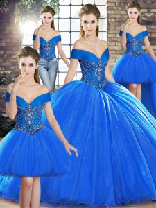 Attractive Royal Blue Organza Lace Up Off The Shoulder Sleeveless Sweet 16 Dresses Brush Train Beading