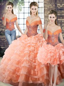 Organza Off The Shoulder Sleeveless Brush Train Lace Up Beading and Ruffled Layers Ball Gown Prom Dress in Peach