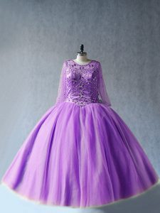Fashionable Scoop Long Sleeves Sweet 16 Quinceanera Dress Floor Length Beading Lavender Tulle