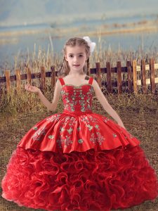 Fashionable Red Straps Neckline Embroidery Pageant Gowns For Girls Sleeveless Lace Up
