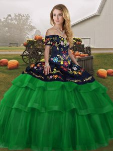 Green Ball Gowns Tulle Off The Shoulder Sleeveless Embroidery and Ruffled Layers Lace Up Quinceanera Dresses Brush Train