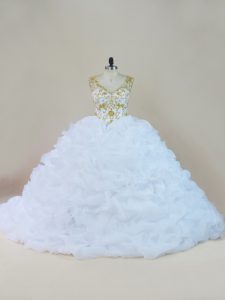 Dramatic Lace Up Quinceanera Dresses White for Sweet 16 and Quinceanera with Beading and Pick Ups Brush Train