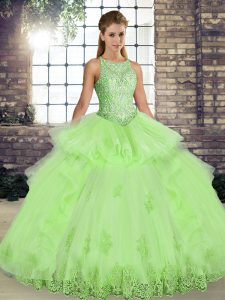 Yellow Green Sleeveless Floor Length Lace and Embroidery and Ruffles Lace Up Quinceanera Dress