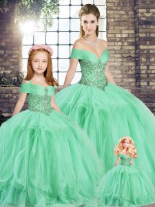 Deluxe Apple Green Lace Up Sweet 16 Quinceanera Dress Beading and Ruffles Sleeveless Floor Length