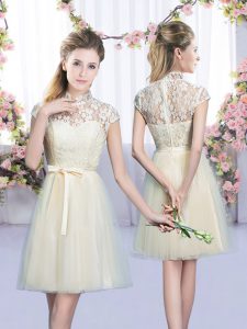 Gorgeous Champagne Empire High-neck Cap Sleeves Tulle Mini Length Lace Up Lace and Bowknot Vestidos de Damas