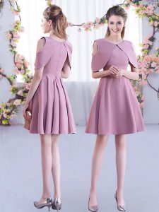 A-line Damas Dress Pink Scoop Chiffon Half Sleeves Mini Length Zipper