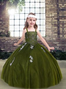 Beauteous Floor Length Olive Green Kids Pageant Dress Strapless Sleeveless Lace Up