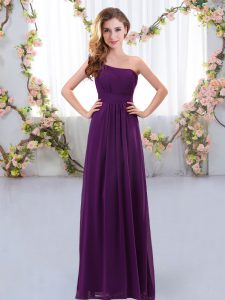 Fitting Dark Purple Chiffon Zipper Quinceanera Dama Dress Sleeveless Floor Length Ruching