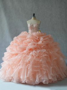Affordable Peach Lace Up Sweet 16 Dresses Beading and Ruffles Sleeveless Floor Length