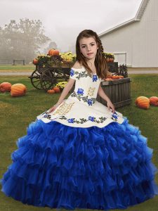 Floor Length Blue High School Pageant Dress Straps Sleeveless Lace Up