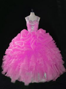 Rose Pink Zipper Straps Beading and Ruffles and Pick Ups Quinceanera Dresses Organza Sleeveless