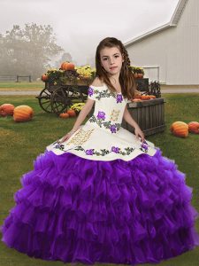 Inexpensive Eggplant Purple Lace Up Straps Embroidery and Ruffled Layers Kids Formal Wear Organza Sleeveless