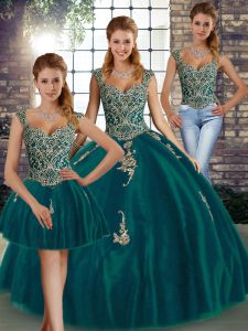 Nice Peacock Green Sleeveless Floor Length Beading and Appliques Lace Up Quinceanera Gowns