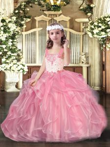 Sleeveless Organza Floor Length Lace Up Little Girls Pageant Gowns in Pink with Beading and Ruffles
