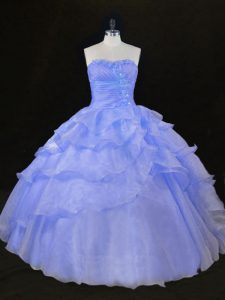 Floor Length Lace Up Vestidos de Quinceanera Lavender for Sweet 16 and Quinceanera with Ruffles and Hand Made Flower