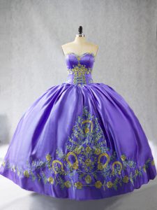 Satin Sweetheart Sleeveless Lace Up Embroidery Quinceanera Dress in Purple