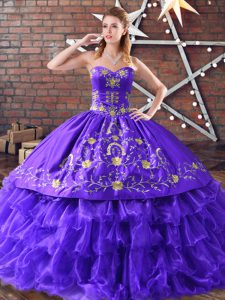 Purple Satin and Organza Lace Up Quinceanera Gowns Sleeveless Floor Length Embroidery and Ruffled Layers