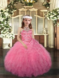 Custom Made Pink Ball Gowns Tulle Scoop Sleeveless Beading Floor Length Lace Up Kids Pageant Dress