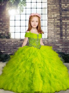 Sleeveless Tulle Floor Length Lace Up Glitz Pageant Dress in with Beading and Ruffles