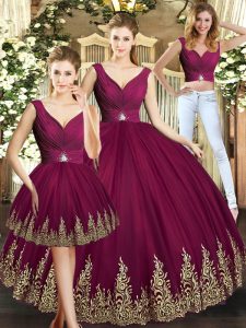 Admirable Sleeveless Tulle Floor Length Backless Sweet 16 Quinceanera Dress in Burgundy with Beading and Appliques