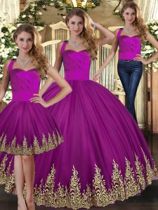 Simple Fuchsia Three Pieces Halter Top Sleeveless Tulle Floor Length Lace Up Embroidery Quince Ball Gowns