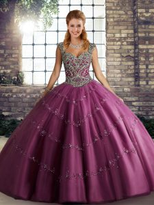 Sleeveless Floor Length Beading and Appliques Lace Up Ball Gown Prom Dress with Fuchsia