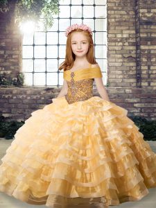 Superior Orange Ball Gowns Organza Straps Sleeveless Beading and Ruffled Layers Lace Up Little Girl Pageant Gowns Brush Train