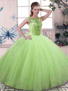 Admirable Tulle Lace Up Scoop Sleeveless Floor Length Sweet 16 Quinceanera Dress Beading