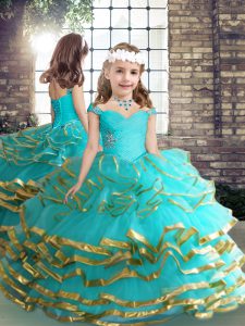 Best Straps Sleeveless Lace Up Little Girls Pageant Gowns Aqua Blue Tulle