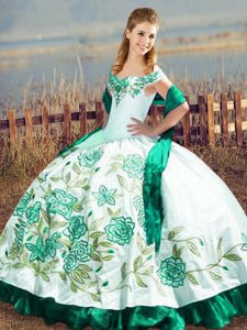 Sumptuous Ball Gowns Sweet 16 Quinceanera Dress Green Off The Shoulder Satin and Organza Sleeveless Floor Length Lace Up
