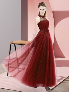 Floor Length Lace Up Court Dresses for Sweet 16 Wine Red for Wedding Party with Beading and Appliques
