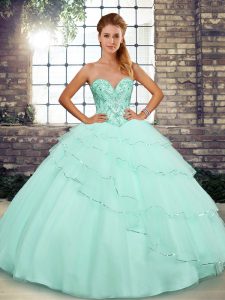 Best Apple Green Sweetheart Neckline Beading and Ruffled Layers 15th Birthday Dress Sleeveless Lace Up