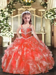 Luxurious Orange Red Ball Gowns Straps Sleeveless Organza Floor Length Lace Up Beading and Ruffles Kids Formal Wear