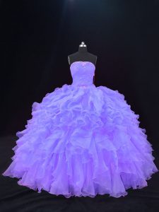 Comfortable Strapless Sleeveless Lace Up Quinceanera Gown Purple Organza
