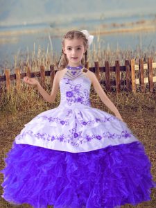 Perfect Floor Length Lavender Little Girls Pageant Dress Wholesale Organza Sleeveless Beading and Embroidery and Ruffles