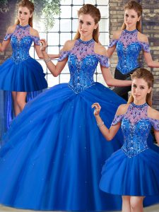 Fantastic Ball Gowns Sleeveless Blue Quinceanera Gown Brush Train Lace Up