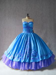 Super Blue Sleeveless Satin and Organza Lace Up 15th Birthday Dress for Sweet 16 and Quinceanera