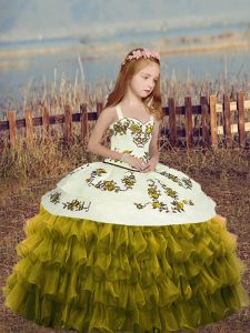 Classical Olive Green Ball Gowns Organza Straps Sleeveless Embroidery and Ruffles Floor Length Lace Up Winning Pageant Gowns