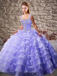 Lavender Sleeveless Beading and Ruffled Layers Lace Up Quinceanera Gowns