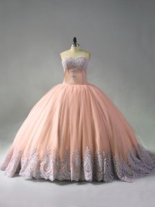Admirable Peach Sweetheart Lace Up Beading and Appliques Quinceanera Dresses Court Train Sleeveless