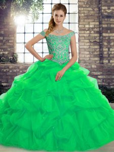 Off The Shoulder Sleeveless Tulle Sweet 16 Dress Beading and Pick Ups Brush Train Lace Up