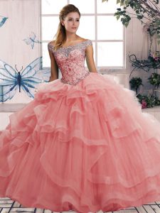 Floor Length Watermelon Red Quinceanera Gowns Tulle Sleeveless Beading and Ruffles