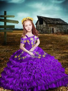 Purple Ball Gowns Off The Shoulder Short Sleeves Organza Floor Length Lace Up Embroidery and Ruffled Layers Little Girl Pageant Dress